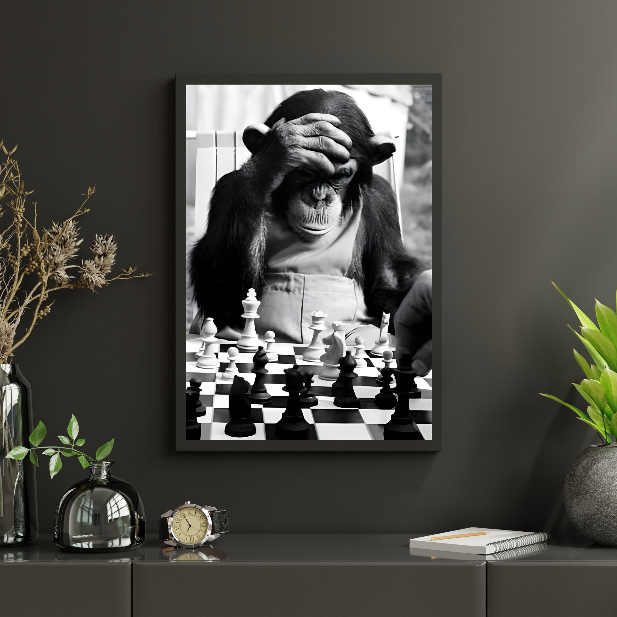 Monkey Chess Set Checkmate Print, Monkey Playing Chess, Black and White Wall Art ...