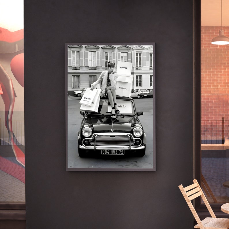 Black and White Fashion Print, Girl on Classic Car Poster, Vintage Wall ...