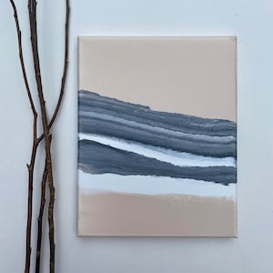 Abstract painting black white gray and beige made in Quebec - mini art pouring 10 x 8 - original contemporary canvas