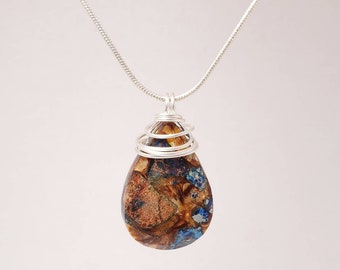 Dyed Blue Impression Jasper wrapped in Silver-Plated Copper