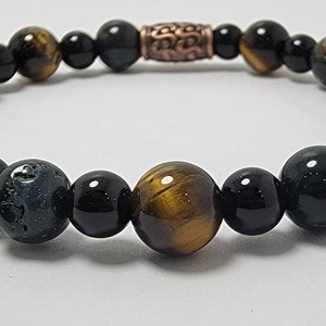 Green Jasper, Obsidian & Golden Tiger&#39;s Eye Bracelet (8&quot;)
