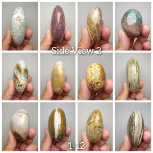 Puede incluir: Doce piedras pulidas con varios patrones y colores, incluyendo marr&oacute;n, blanco, verde y amarillo. Las piedras est&aacute;n dispuestas en una cuadr&iacute;cula y etiquetadas "Side View 2" y "1-12".