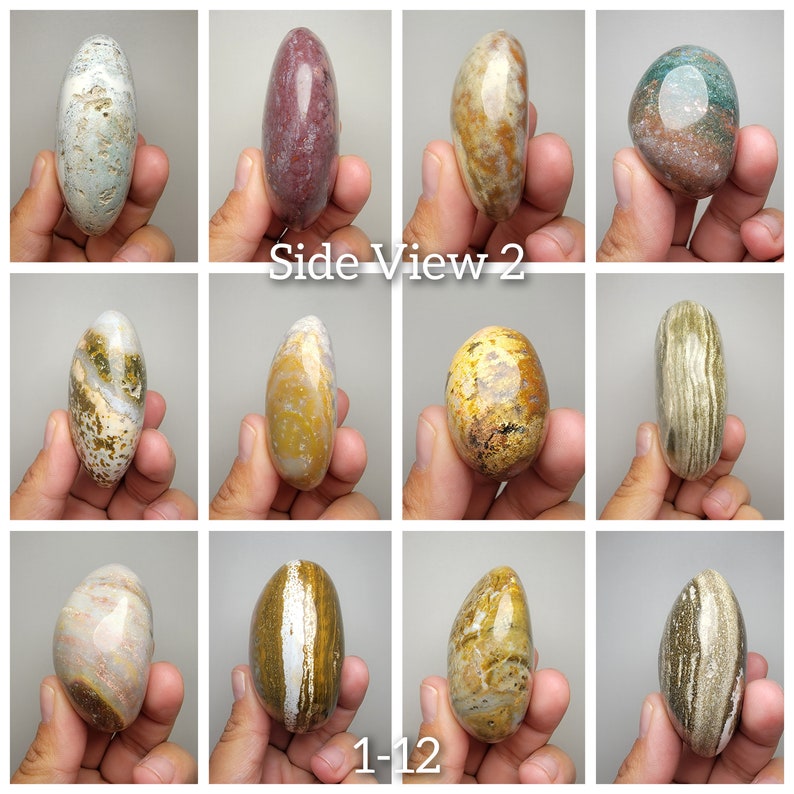 Puede incluir: Doce piedras pulidas con varios patrones y colores, incluyendo marr&oacute;n, blanco, verde y amarillo. Las piedras est&aacute;n dispuestas en una cuadr&iacute;cula y etiquetadas "Side View 2" y "1-12".