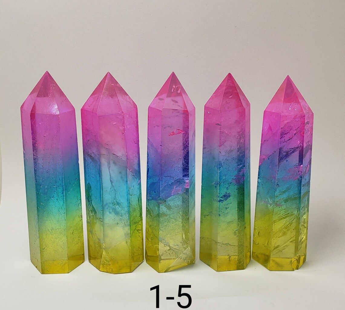 YellowGreen Blue and Pink Aura Quartz Tower You pick Etsy