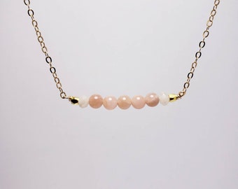 Peach Moonstone & Faceted Pearl Bar Necklace