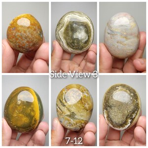 Puede incluir: Una colecci&oacute;n de seis piedras pulidas con forma de huevo con varios patrones de marr&oacute;n, amarillo, verde y blanco. Las piedras est&aacute;n dispuestas en una cuadr&iacute;cula con el texto "Side View 3" y "7-12" visible.