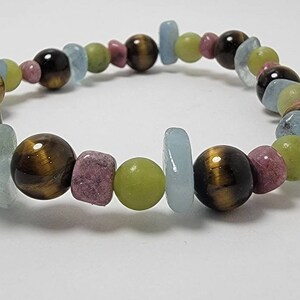 Aquamarine, Rhodonite, Serpentine & Golden Tiger&#39;s Eye Bracelet (7-3/4&quot;)