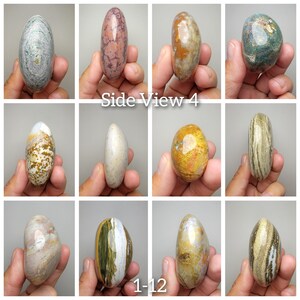 Puede incluir: Doce piedras pulidas, lisas y ovaladas con varios patrones y colores, incluyendo gris, marr&oacute;n, blanco, amarillo y verde. Las piedras est&aacute;n dispuestas en una cuadr&iacute;cula, con el texto "Side View 4" sobre la fila superior y "1-12" debajo de la fila inferior.