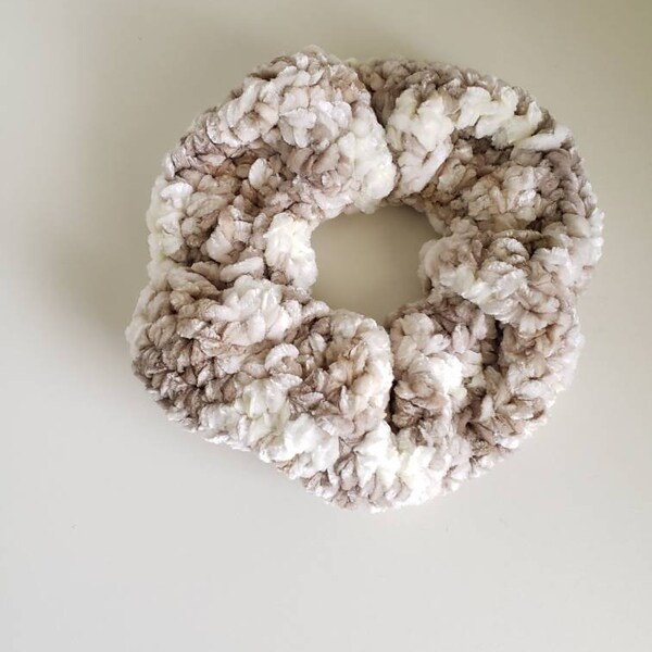 Large Crocheted Velvet White and Gray/Tan Scrunchie