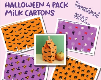 4 Pages of Halloween Orange & Purple Milk Cartons Treat Boxes,  Printable, Digital Download, PDF - A4 and Letter 8.5x11 inches Sizes