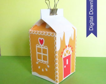 May include: A printable gingerbread house template, a digital download, with a white roof and red door. The house is decorated with white icing and red candy.