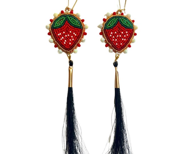 Strawberry Earrings with Detachable Horse Hair Tassels