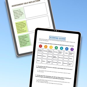 May include: A self-reflection assessment guide with a scoring guide. The guide includes a rating scale from 1 to 7, with descriptions for each level, such as "Strongly Disagree" to "Strongly Agree". The guide also includes instructions on how to calculate a percentage score for each domain.