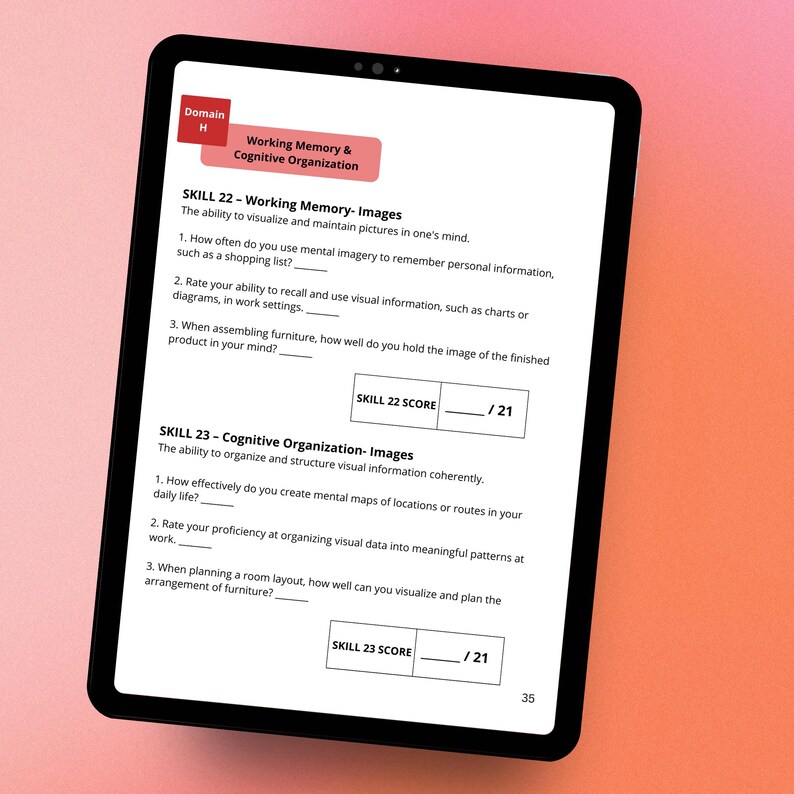 May include: A worksheet with a section titled "Working Memory & Cognitive Organization" and two skills: "Working Memory-Images" and "Cognitive Organization-Images". Each skill has three questions and a score section with a maximum score of 21.