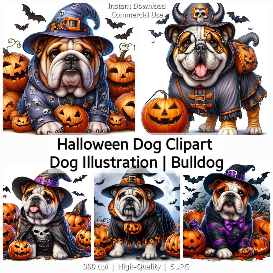 Halloween Bulldog Clipart: Costume Dog With Pumpkins (5 JPG) - Etsy