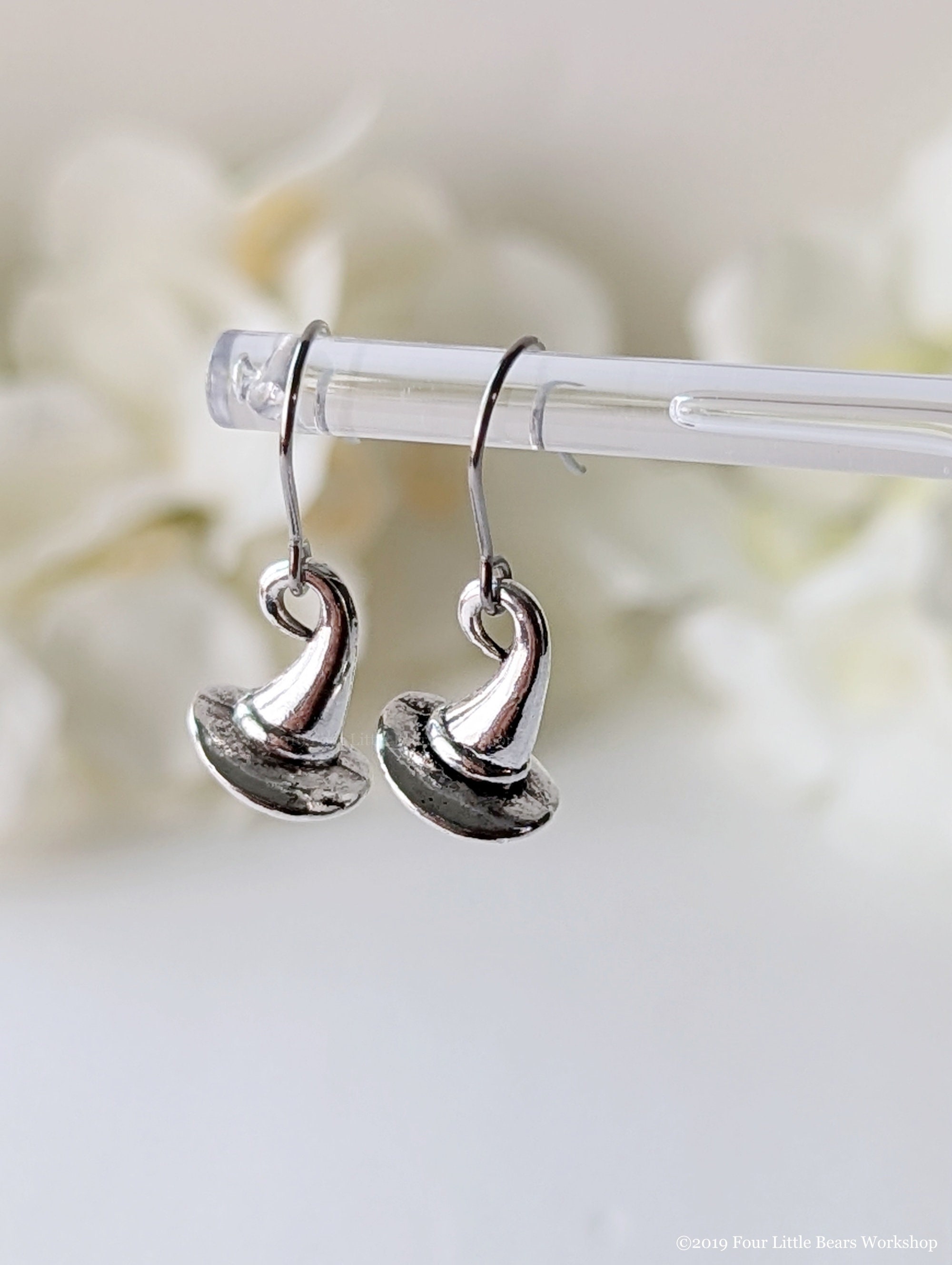 Antique Silver Witch Hat Earrings: Halloween Dajgle, Hypoallergenic Hooks  Includes Gift Bag