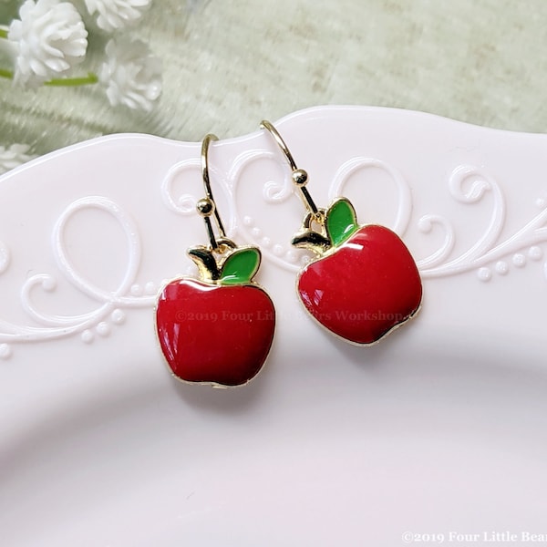 Red Apple Dangle Earrings, Necklace and Set / Includes Gift Bag