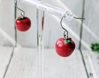 Red Apple Dangle Earrings: Hypoallergenic Stainless Steel Hooks Includes Gift Bag