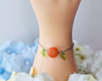 Mandarin Orange Charm Bracelet: Stainless Steel Chain Includes Gift Bag