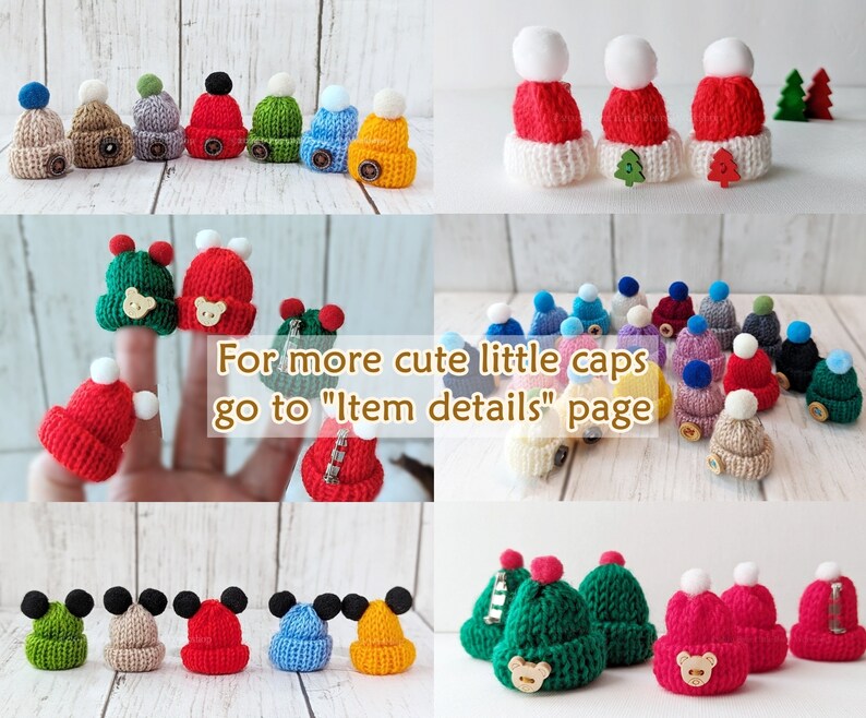 Pu&ograve; includere: Assortimento di cappelli di lana colorati con pon pon. I cappelli sono piccoli e presentano vari disegni, tra cui un orso, un albero di Natale e una testa di Topolino. Il testo "Per altri cappelli piccoli e carini, visita la pagina "Dettagli dell'articolo" &egrave; visualizzato nell'immagine.