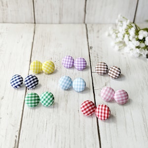 Gingham Small Stud Earrings / Includes Gift Bag / Plaid Fabric covered earrings / Red Green Blue Pink Navy Purple Yellow Brown