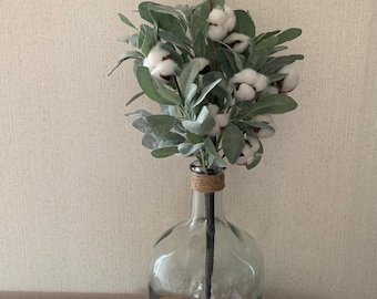 Farmhouse Floral Centerpiece: Cotton & Lambs Ear in Glass Jug