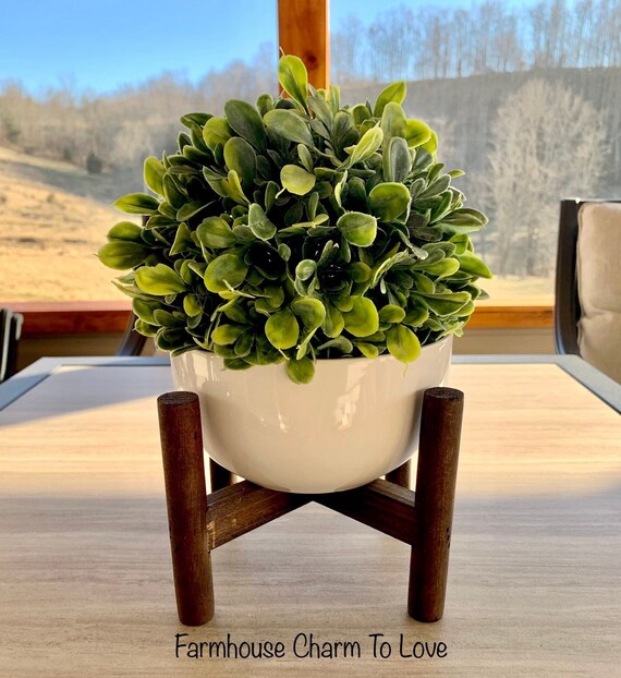 White Ceramic Pot With Wood Stand Boxwood Sphere Pot With Etsy