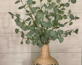 Woven Straw Glass Vase, Eucalyptus Greenery, Home Decor, Boho Centerpiece