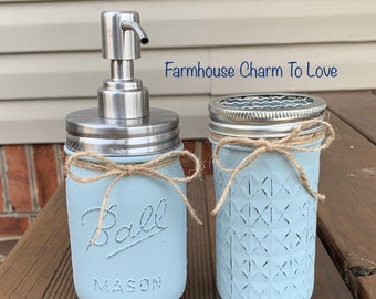 Soap dispenser and toothbrush holder set,bathroom decor,mason jar decor