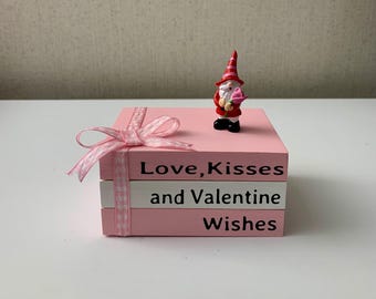 Valentine's Day Book Stack: Pink Tiered Tray Decor with Gnome