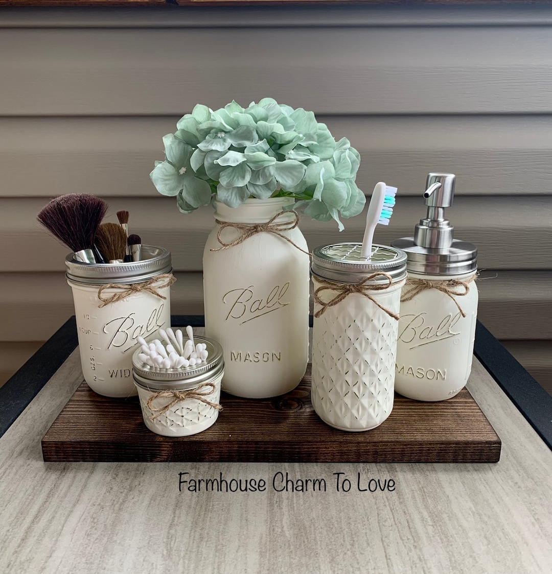 5 Piece Mason Jar Bathroom Set,farmhouse Bathroom Decor,rustic Bathroom ...