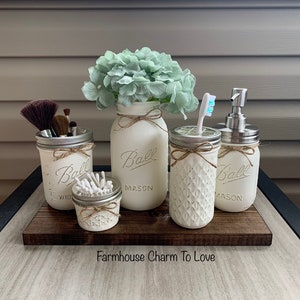5 piece mason jar bathroom set,farmhouse bathroom decor,rustic bathroom decor,painted mason jars,mason jar decor