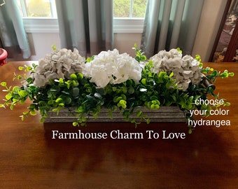 Galvanized Container with hydrangea and boxwood, farmhouse floral arrangement,entryway decor,table centerpiece
