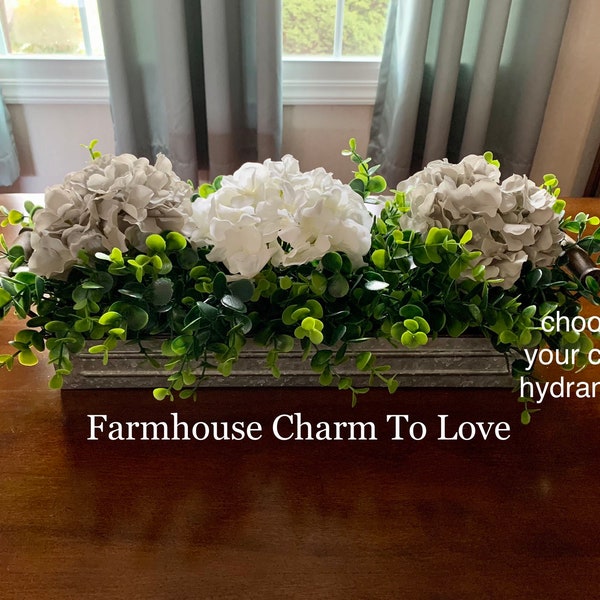 Galvanized Container with hydrangea and boxwood, farmhouse floral arrangement,entryway decor,table centerpiece