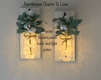 Wall sconces with fairy lights,mason jar decor,wall hanging,farmhouse decor