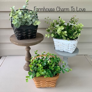 May include: Three small baskets with green plants, each sitting on a wooden pedestal. The baskets are black, white, and brown. The text "Farmhouse Charm To Love" is visible above the baskets.