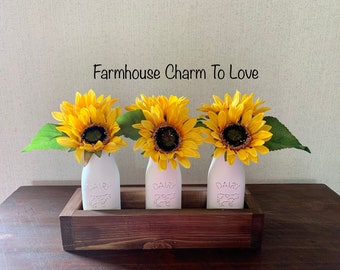 Milk bottle centerpiece with sunflowers,farmhouse decor,table arrangement,flower arrangement