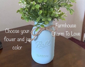 Quart mason jar floral arrangement,farmhouse decor,greenery arrangement,mason jar decor