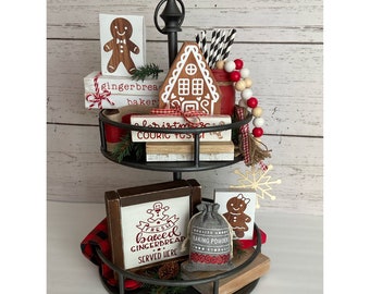 Gingerbread Christmas Tiered Tray Decor – Cozy Home Mantle Accents -