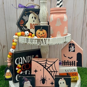 Pink Halloween Tiered Tray Decor Set: Ghost, Spider, Candy Corn - 8 Piece