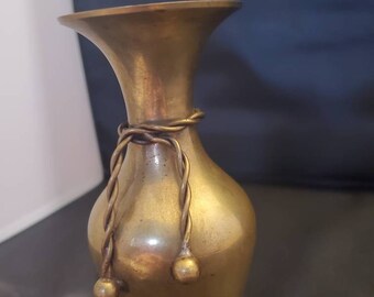 Mid Century A Pair of Vintage Brass Vases with Tassel Detail