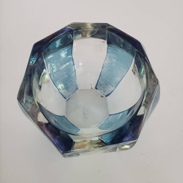 Vintage art glass blue and clear dish or votive candle holder! Unique shape with gorgeous color!