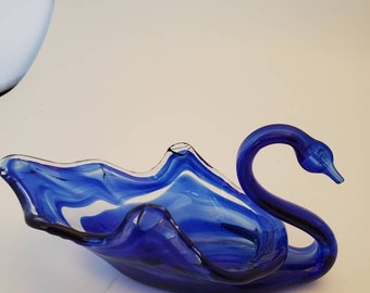 1960s Italian Swan Art Glass...Stretch Glass..Blue /& White Swirl Small Swan Art Glass