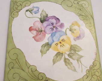 Vintage handpainted signed tile, green with florals! Square shape, made in Italy!