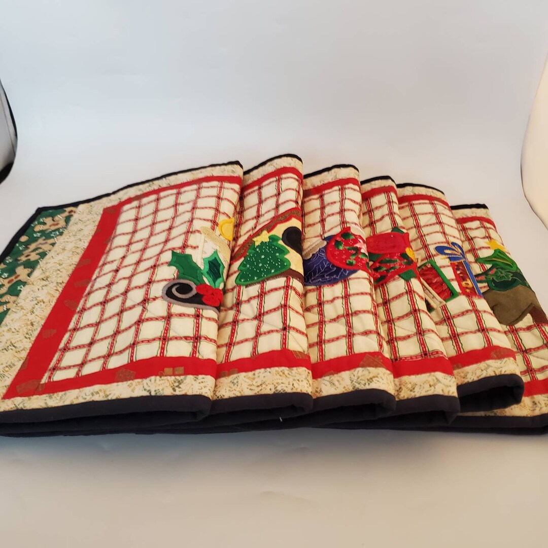 Vintage Christmas Placemats Reversible Handmade Plaid With Applique Christmas and Poinsettia