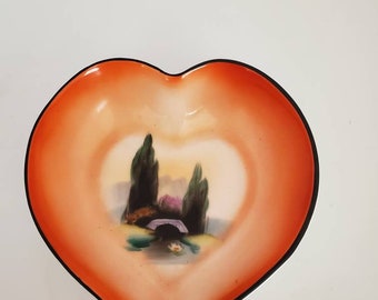 Vintage Noritake heart shape trinket dish, handpainted orange black colors with bridge scene!