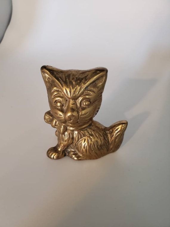 Vintage Brass Cat Kitten Figurine, Mid Century Figurine of Cat