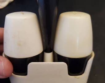 Vintage black and white mid century modern salt and pepper shaker set with toothpick holder! Vintage 1960s style kitchen decor!