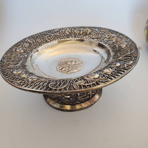 Vintage ornate silver plate color rose metal pedestal dish! Reticulated edge with embossed flowers!