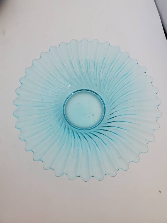 Vintage blue green aqua art glass swirl pattern glass art dish bowl